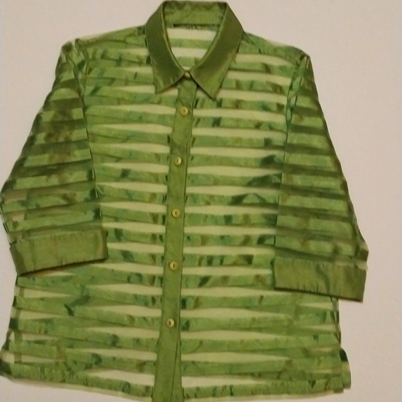 JACKET SILK 100% COUTURE Green & Shèer Striped  Neiman Vtg Sheer - Picture 6 of 9